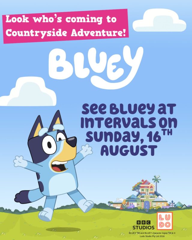 “Dollarbucks!” That’s right, Bluey is on her way to Countryside Adventure!

Join Bluey in the roundhouse at 11 am, 12 pm, 1 pm, 2 pm, and 3 pm on Sunday, 16th August. Not only will you get to meet your favourite Australian, but your tickets will also give you full access to the farm park, including tractor rides, quad train adventures, animal trail, woodland trail and Rover the Farmer’s foam party! 🤩

Last year’s meet and greet sold out, and we expect this one to do so, too. Be quick and book your tickets now! 🎟️ 

Please note: Tickets provide general admission to Countryside Adventure on the day of character visits. Access to characters is not guaranteed and is subject to availability/queues.
