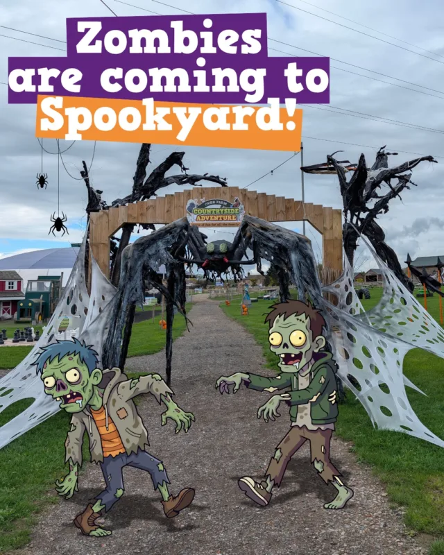 The zombies are taking over! 🧟‍♀️

This October half-term, we will be joined by Dead Ed and Ronnie Rotten as they grumble about those pesky roadworks and let you in on their Kick the Bucket List! 🧟

Every day throughout half-term:

The Gloucester Apocalypse
🧟 11 am
🧟 1 pm
🧟 3 pm

The (Kick the) Bucket List
🧟‍♀️ 12 pm
🧟‍♀️ 2 pm

Drop Dead Gorgeous Fancy Dress Competition
🧟‍♂️ 12:20 pm (approx)

So what are you waiting for? Join us for Spookyard this October:

📍 Countryside Adventure, GL2 8DB