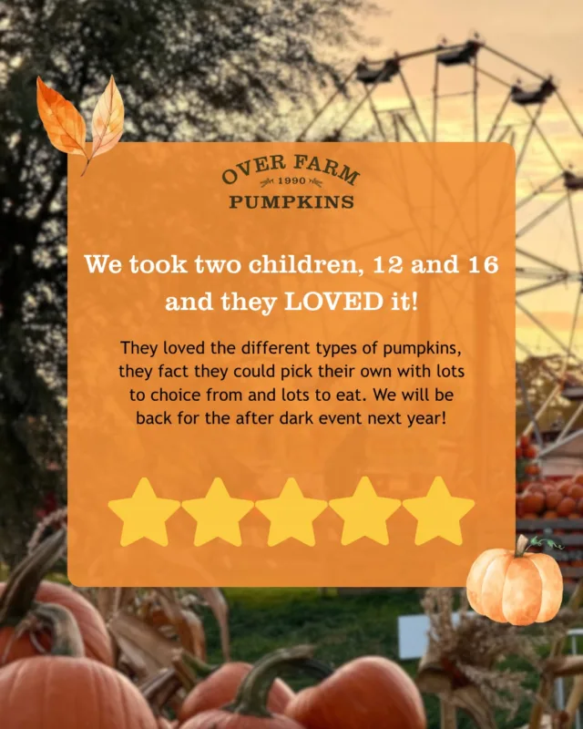 We love reading your reviews!

Don't forget to let us know how your trip to the pumpkin patch went on Facebook and Google 🎃