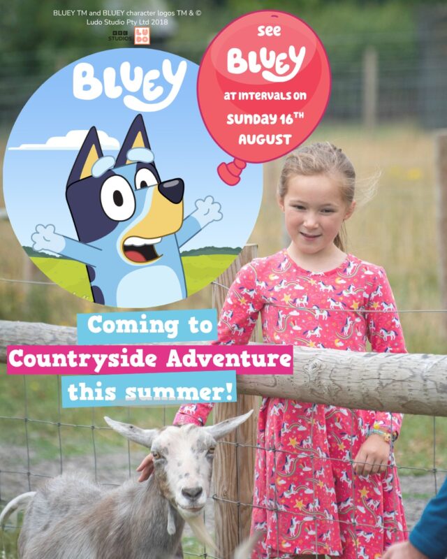 “Dollarbucks!” That’s right, Bluey is on her way to Countryside Adventure!

Join Bluey in the roundhouse at 11 am, 12 pm, 1 pm, 2 pm, and 3 pm on Sunday, 16th August. Not only will you get to meet your favourite Australian, but your tickets will also give you full access to the farm park, including tractor rides, quad train adventures, animal trail, woodland trail and Rover the Farmer’s foam party! 🤩

Last year’s meet and greet sold out, and we expect this one to do so, too. Be quick and book your tickets now! 🎟️ 

Please note: Tickets provide general admission to Countryside Adventure on the day of character visits. Access to characters is not guaranteed and is subject to availability/queues.
