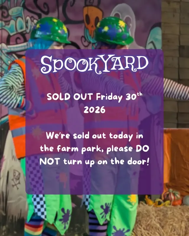 Farm Park SELL OUT 🚨 Spookyard, our children's Halloween Festival is sold out, today, the 26th of October 2026! Please don't turn up on the door, we will not be able to let you in 😭 Our Daytime Pumpkin Festival still has capacity and is open. Pumpkins After Dark is SOLD OUT tonight. ------ Want tickets for tomorrow and Sunday's kids festival? Head over to the link in our bio, or click here: https://f.mtr.cool/6fewqty49d